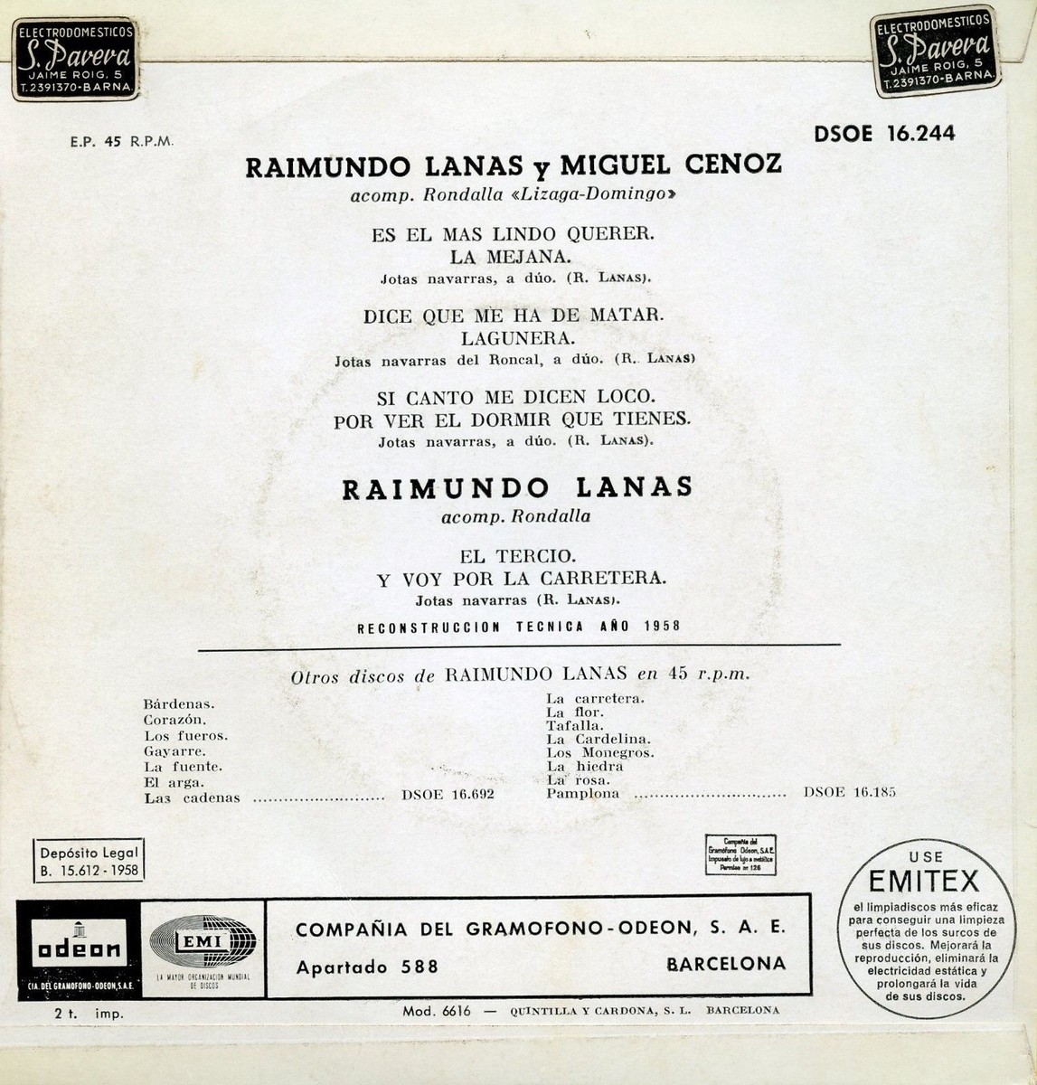 RAIMUNDO LANAS, M. CENOZ / Jotas Navarras / ODEON 16.244