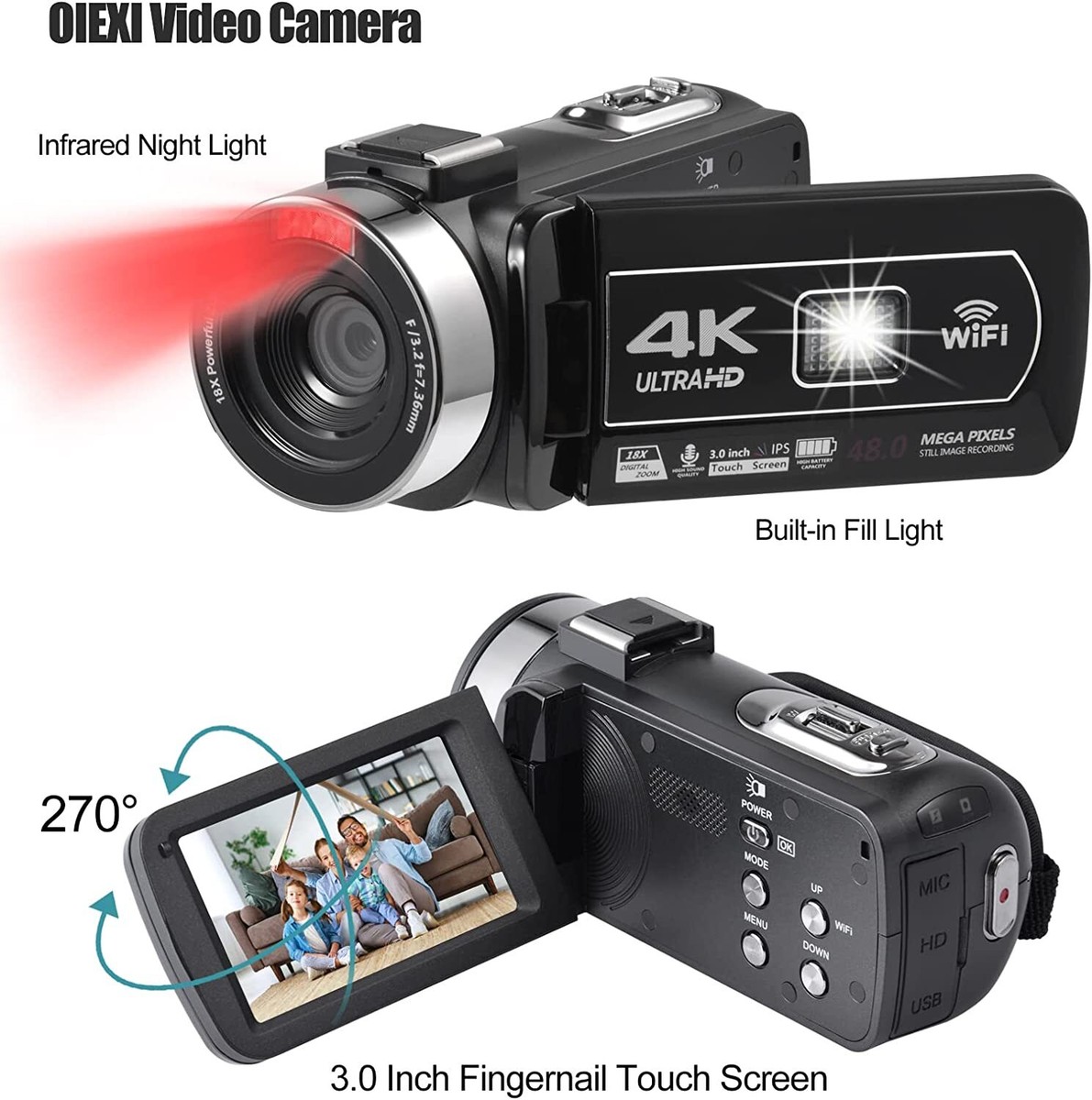 4Kビデオカメラ Video Camera 4K Camcorder WiFi 48MP Vlogging Camera for YouTube