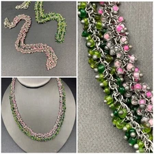 Vintage Signed ZAD Lot Of 2   Glass Micro  Beaded Necklace  18” Pink Green