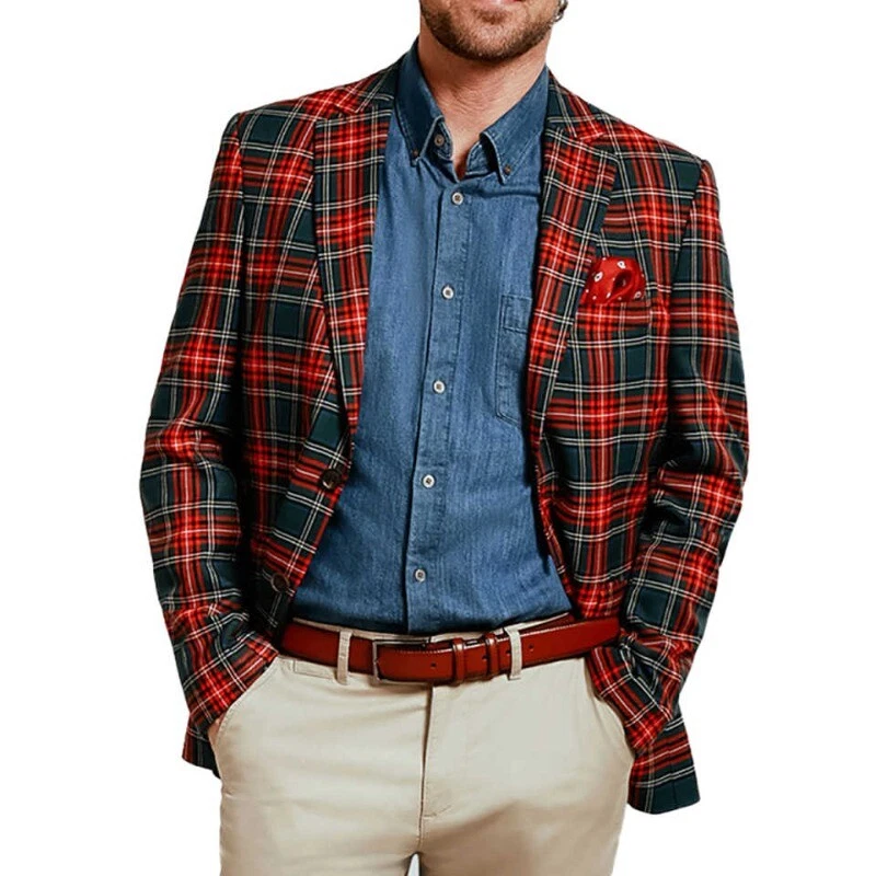 Chaqueta de hombre a cuadros roja verde para fiesta de Navidad botones individuales abrigos de ocio Foto 2 de 4