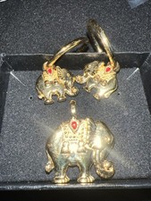 Vintage Elephant Earrings Pendant Gold Tone Good Luck Hoops Unused Estate