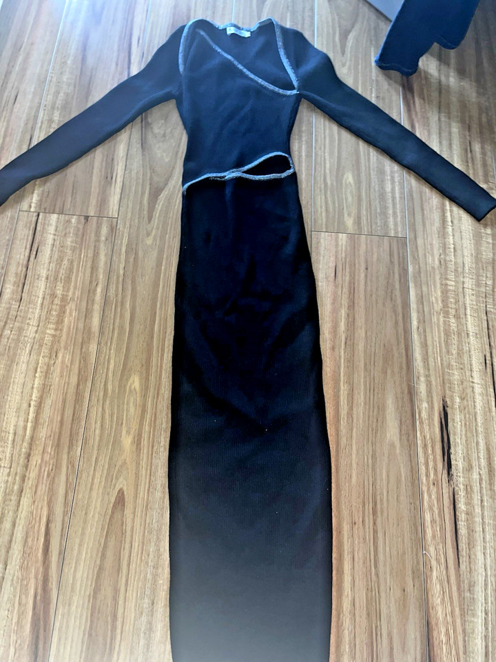 Style State Black Long-Sleeved Knitted Bodycon Longer Dress With Cut-Offs SZ S/M