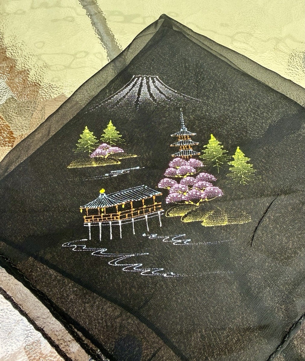Vintage Japanese Black Sheer Silk Hand Painted Scarf Mount Fuji