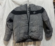 Nike Jacket Boys Large 6-7 Yrs Gray Hooded Puffer Coat Black Stripe Logo