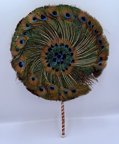 Real Peacock Feather Round Fan With Metallic Colorful Ribbon Wrapped Handle
