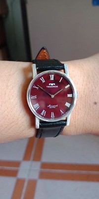 RED STONE DIAL of TECHNOS Monarch Extra 17jewels, manual Winding For Men!