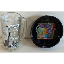 Vintage Collectible Ceramic Chicago Blues Ashtray & Sears Tower Glass Mug