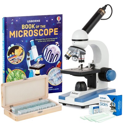 AmScope 40X-1000X Portable Student Compound LED Microscope Kit + Camera + Slides