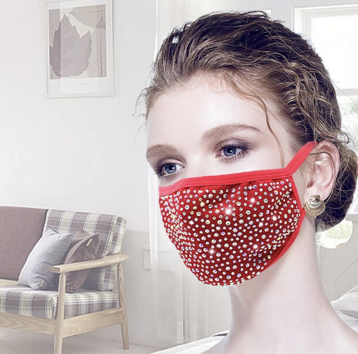 Rhinestone bedazzled bling face mask RED Diamond Sparkle