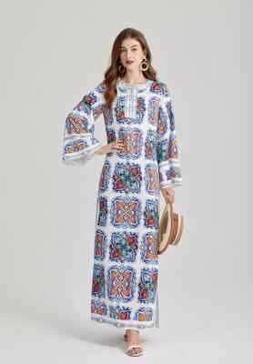 Kleid Langes Kleid Elegant Boho Chic Chimono Blau Bunt Satin GIPSY 01407