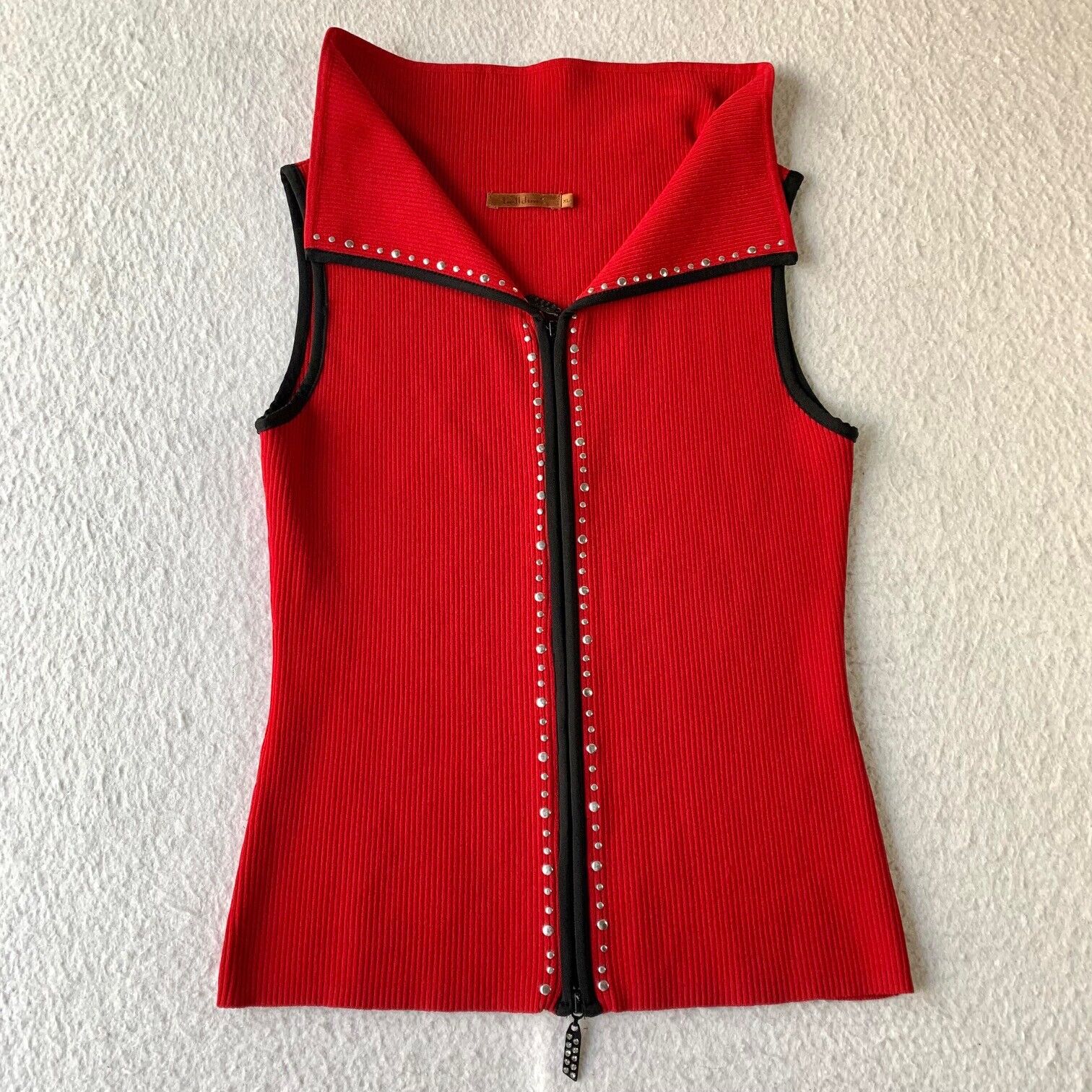 Belldini Women's XL Red Black Trim Crystal Zipper Knit Top Silver 
