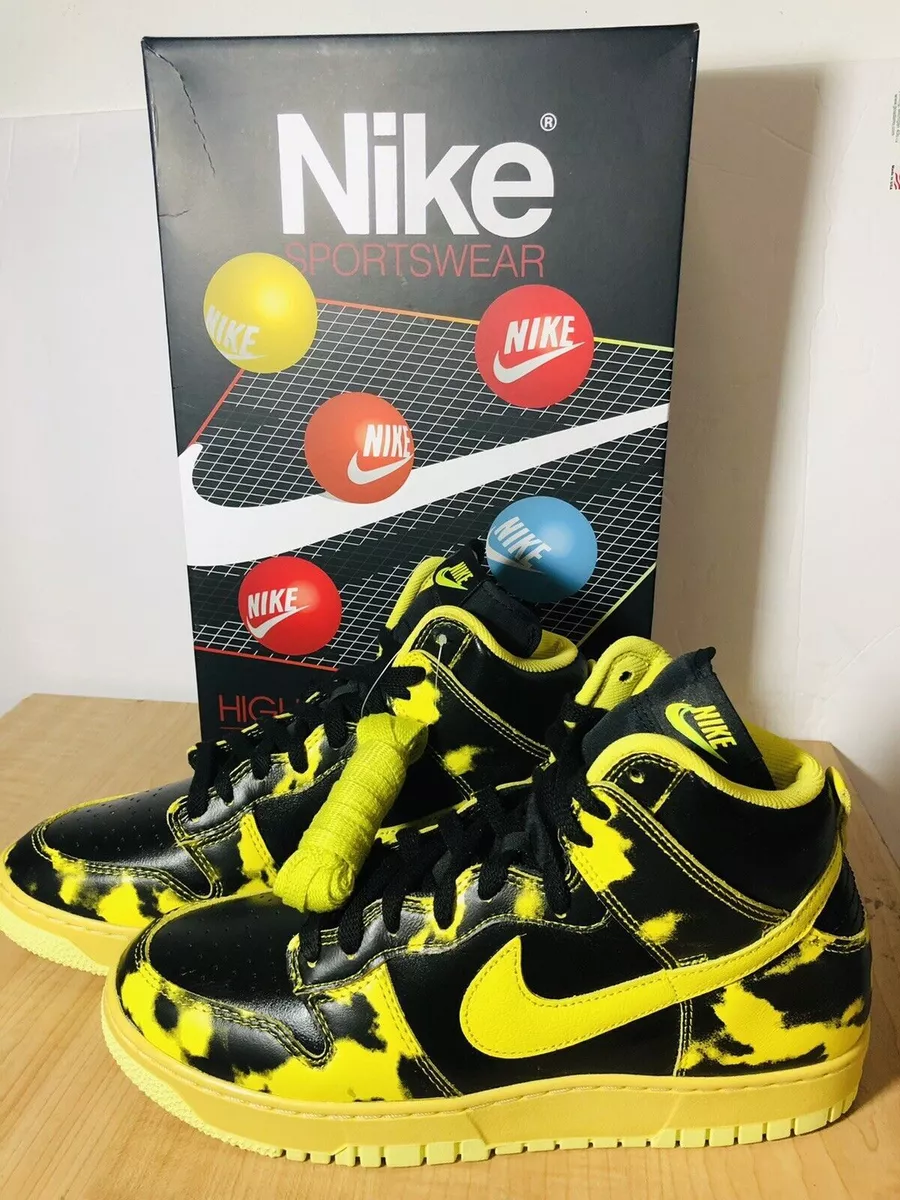 Black and yellow nike dunks high top