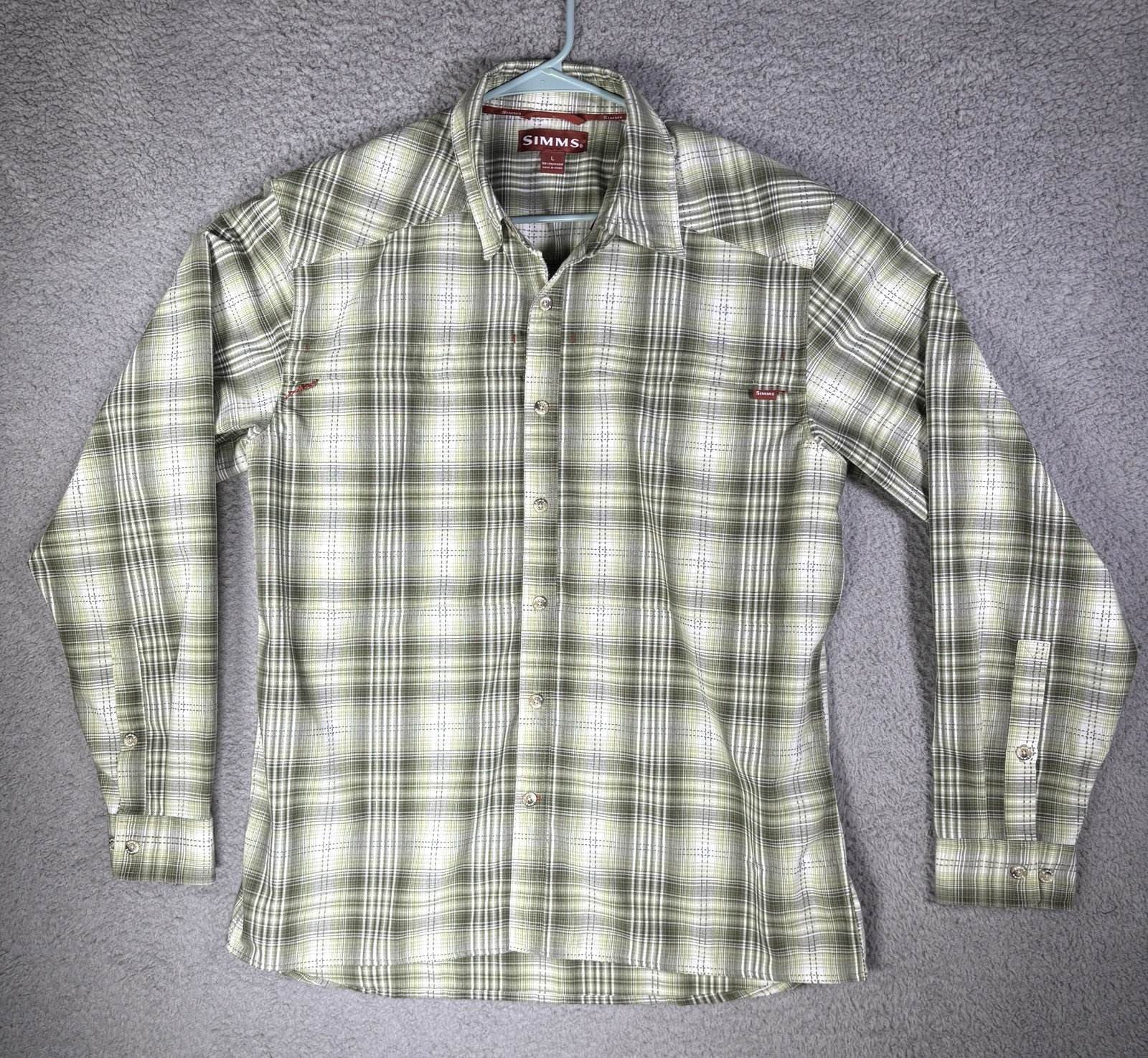 Simms Flannel Shirt Size Large Green Plaid Collared Butto Long Sleeve-image
