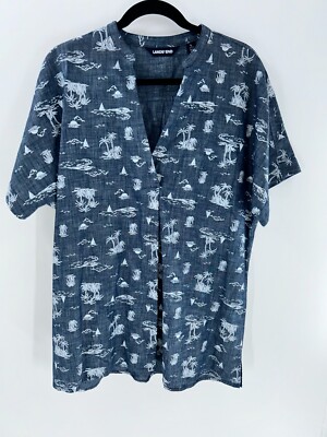 Women's Lands End Blue Palm Tree Cotton Short Sleeve Tunic Top Size L