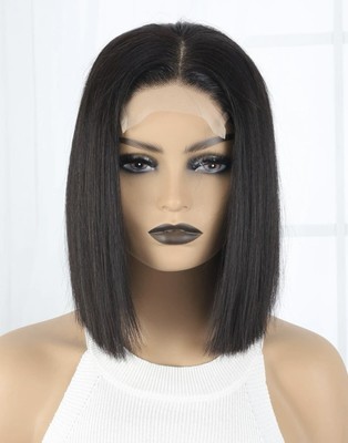 Perruque Courte Carrée En Cheveux Humains Naturels Noirs - Bonnet 4x4 Dentelle, 25cm - Neuf