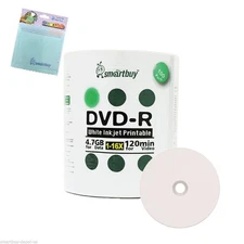 100 Smartbuy DVD-R 16X 4.7GB White Inkjet Printable Disc +FREE Micro Fiber Cloth