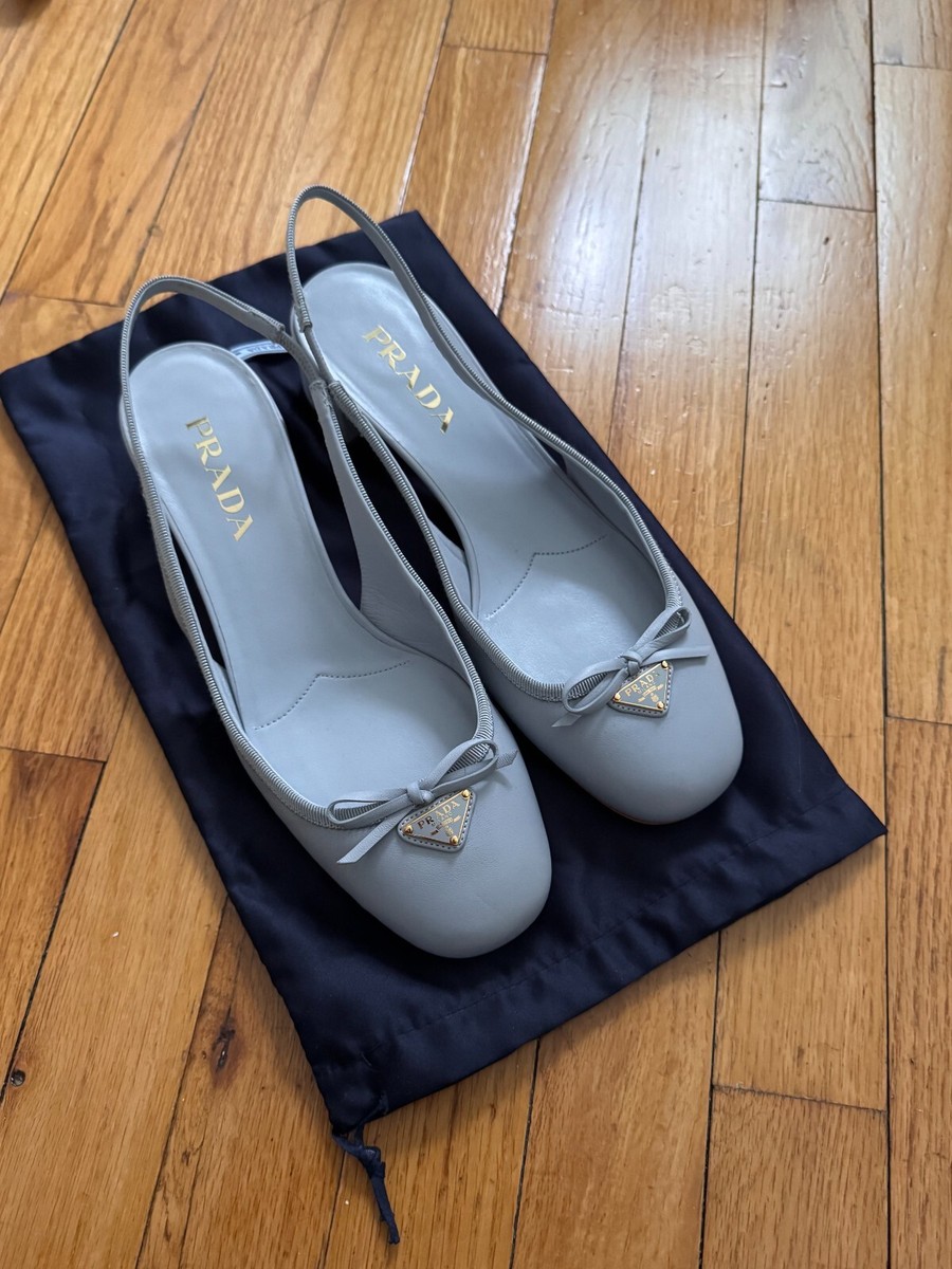 PRADA Triangle Logo Bow Leather Slingback Ballerina Pumps Heels