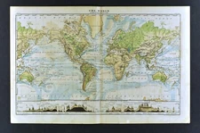 1873 Physical World Map Mountains Deserts Tablelands Altitudes Ocean Currents