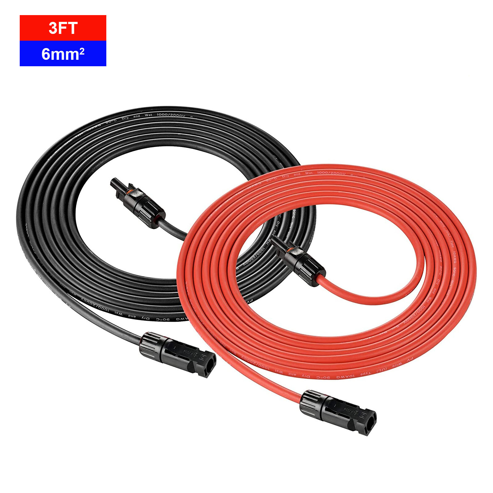 1 Pair Solar Panel Extension Cable Wire Black & Red 10AWG Gauge 6mm&sup2; Connector