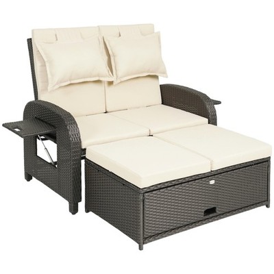 Outdoor Patio Rattan Daybed w/ Storage Ottoman, Beige