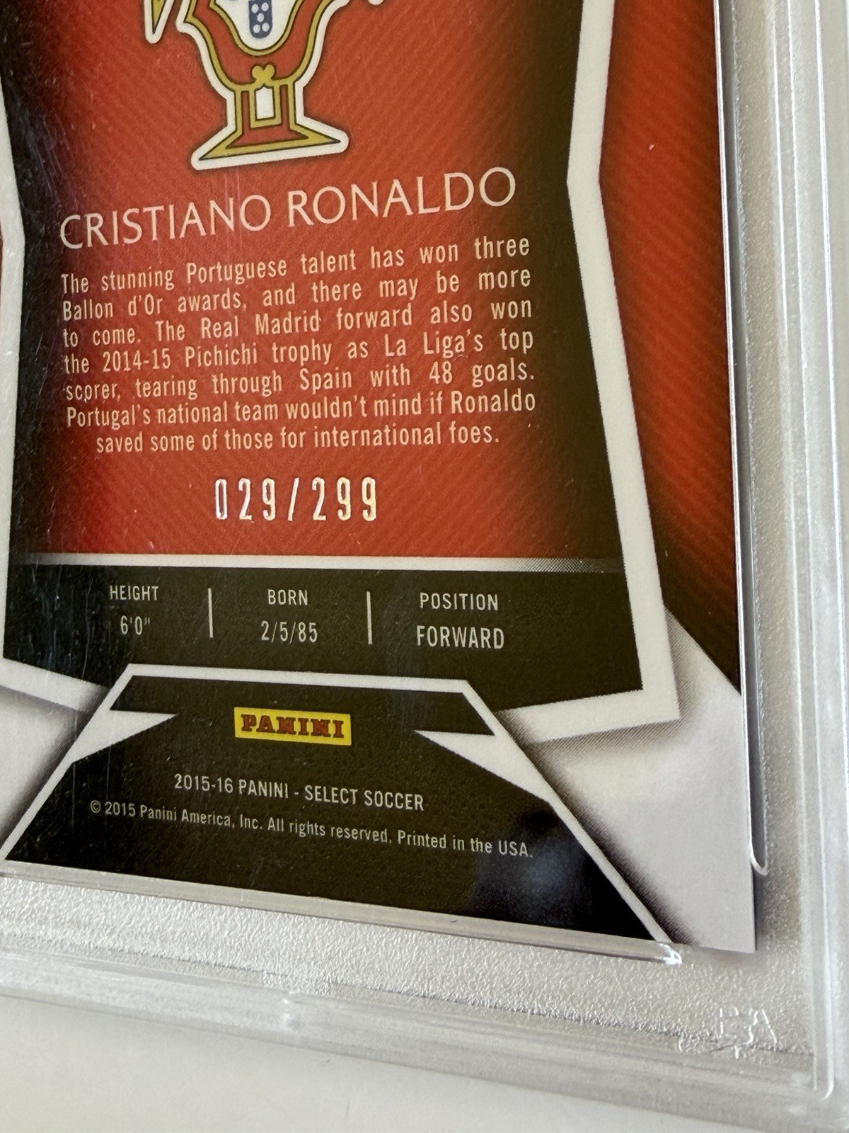 CRISTIANO RONALDO 2015-16 SELECT BLUE PRIZM /299 #36 PORTUGAL PSA 10 Panini view 4