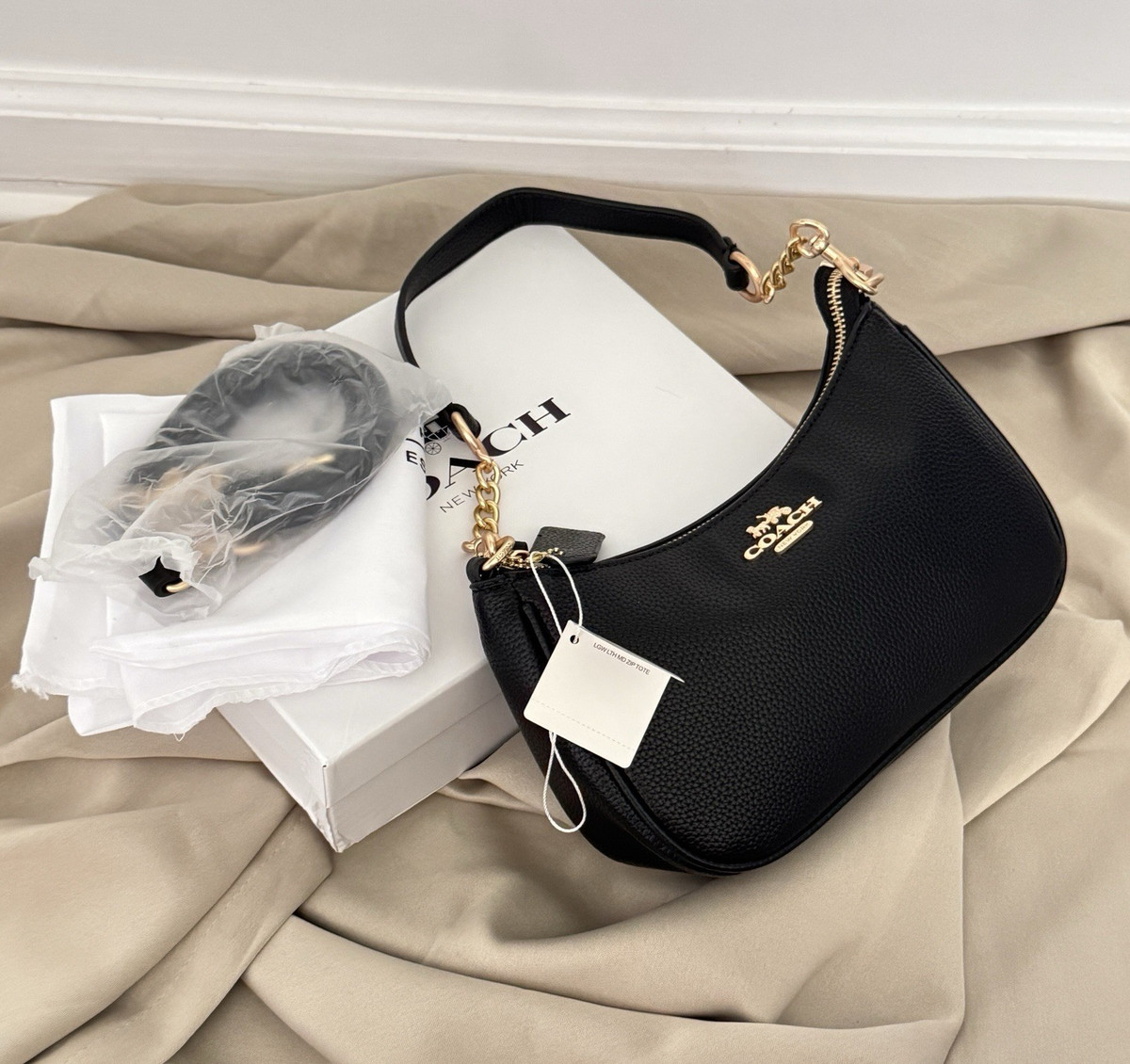 Coach Black Pebbled Shoulder Bag with Gold Chain, Detachable Strap