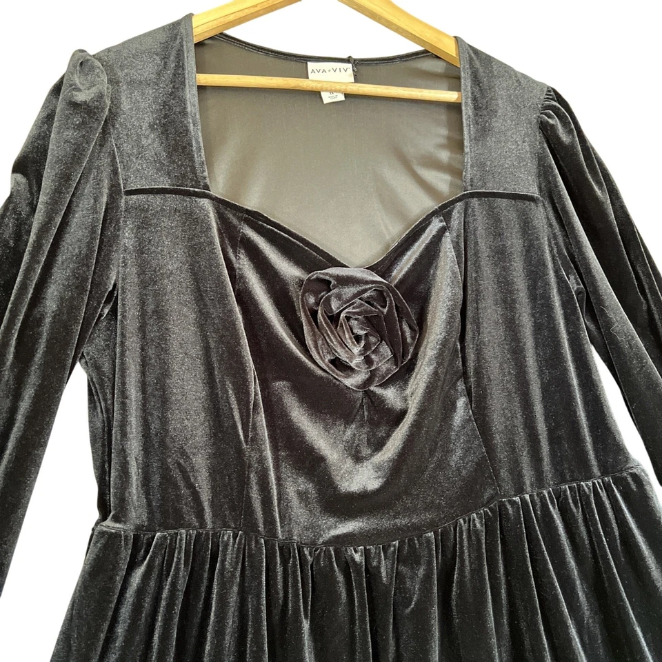 Ava & Viv 连衣裙女式 1X 黑色丝绒及膝玫瑰口袋鸡尾酒新品 — 第 2/4 张图片