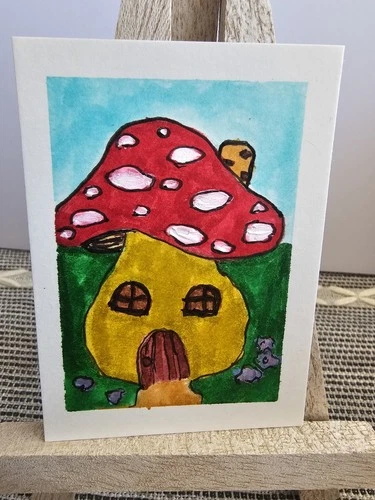 ACEO Fantasy Mushroom House Painting on Paper, Small Unframed Single Piece