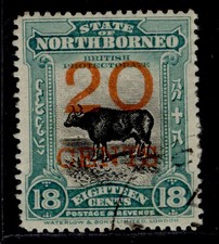 NORTH BORNEO GV SG177a, 20c on 18c blue-green, FINE USED. Cat &pound;75.