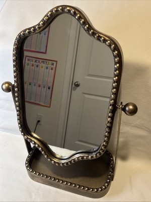 Vintage Style Makeup Mirror with Tray, 360° Rotatable Antique Table Bronze
