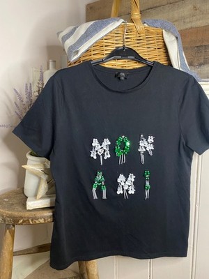 RIVER ISLAND MON AMI Top Size 14 Petite fits 12 Black Tshirt Sequin Green White