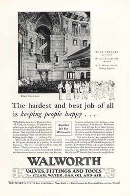 1927 Walworth Valves: Roxy Theatre New York Vintage Print Ad