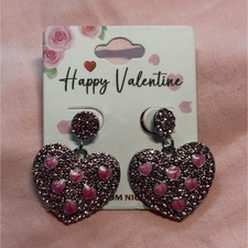Happy Valentine Pink Heart Dangle Earrings Love Theme Valentine's Day