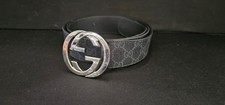 Gucci Black Logo Print Dress Belt Silver Buckle Men's - [B-8]