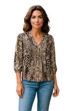 Notations Womens Sz M Brown Black Animal Print 3/4 Sleeve Blouse