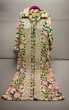 Vtg Floral Groovy 60s Pink/Grn/yellow Quilted Long House Coat Half Zip Robe