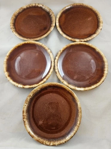 Vintage  Set Of 5 Hull Dessert / Bread Plates Brown Drip Glaze 6.75” Diameter