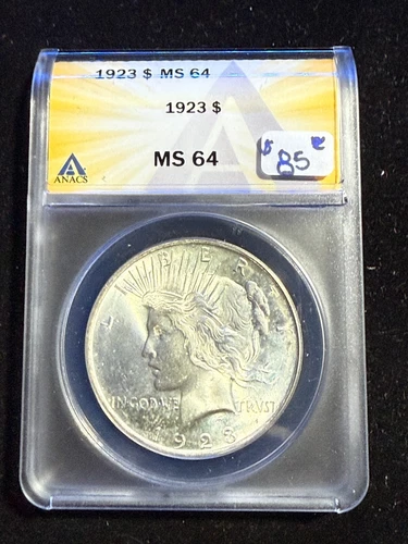 1923  SILVER PEACE DOLLAR ANACS MS 64