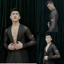 Fashion Men Costumes Velvet V-Neck Mesh Shirts Tango Latin Dance Performance