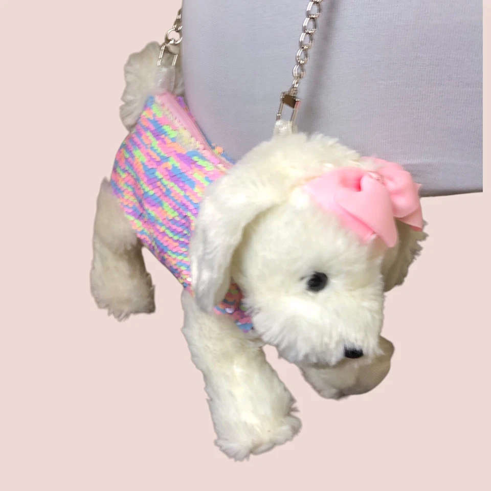 Bandolera Cachorro Perro Cartera Imitación Piel Arco y Lentejuelas Bolso Cremallera Cadena Correa Foto 2 de 4