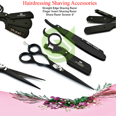 Black Steel Shaving Razor Straight 6'' Hair Cutting Scissors Barber Razor Ring/H
