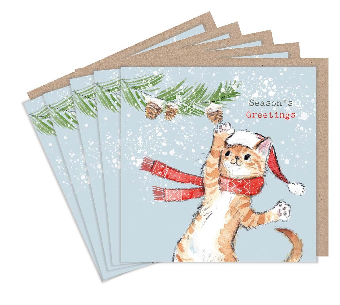 Christmas Cards Pack of 5 Festive Playful Cat – Cute Kitten Pet Lover Xmas Cards