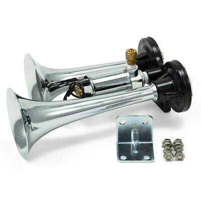 HornBlasters Spocker Loud Chrome Air Horn Set for Semi or Large Truck - Compact