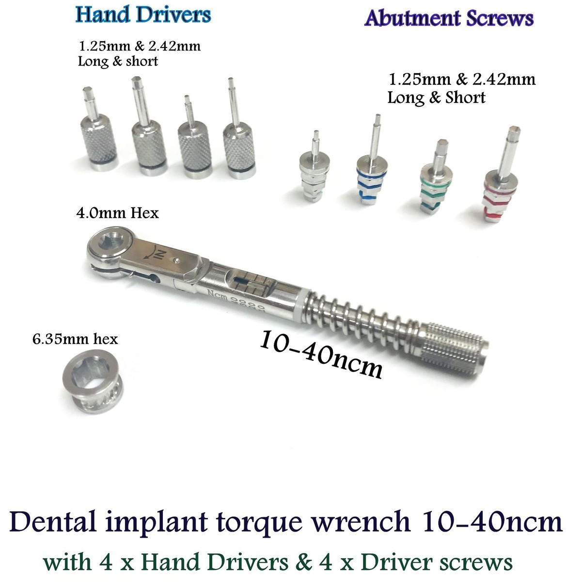 Dental Implant Torque Wrench 10-40Ncm & 8 Pcs Hex Drivers & Hand