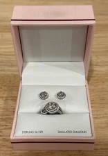 Diamonique Round Halo Engagement Ring & Earring SET Size 6 Sterling Silver NIB