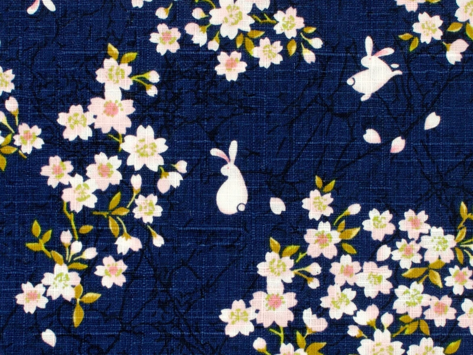 Sakura And Bunnies on 100% Cotton Navy Blue Fabric Fat Quarter Quilting FQ #0099 - image 2 of 2