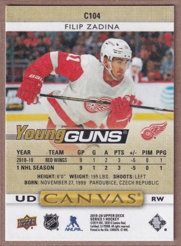 2019-20 Upper Deck Young Guns Canvas #C104 Filip Zadina RC - Detroit Red Wings - Picture 2 of 2
