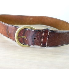 VINTAGE 90s Brown Leather Belt Women SMALL Indie Fall Rustic Chunky Solid Brass