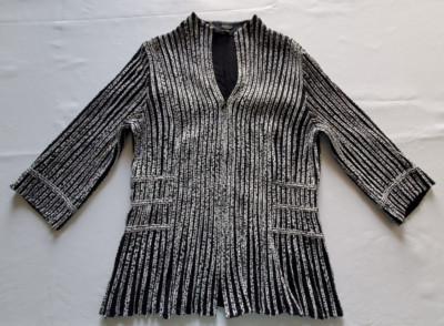 Peck & Peck Blouse Women's 10 Black & White Mesh 3/4 Sleeve Full Zp Animal Print