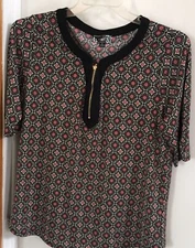 Naïf XL Blouse Multicolored Black Trim Short Sleeve Pull On Zipper Closure